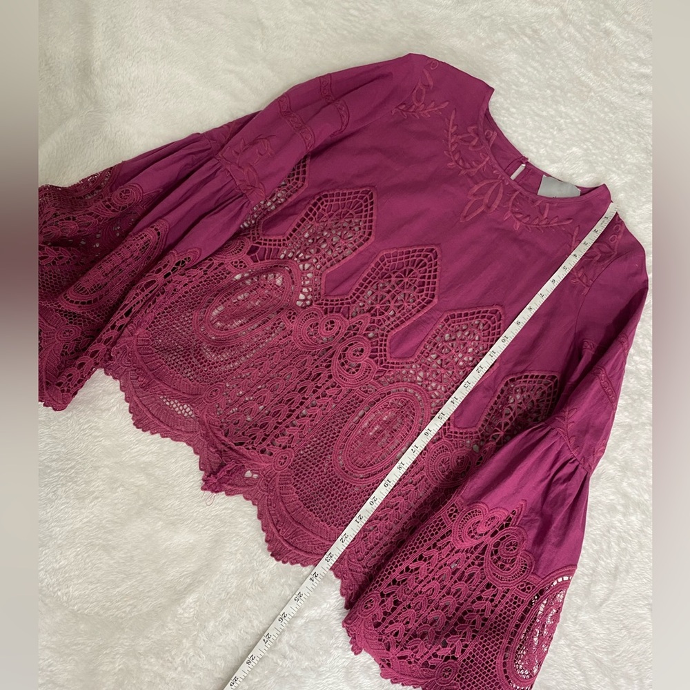 Chloe Oliver Anthropologie Magenta Pink Bell Sleeve Lace Crochet Blouse Top - Picture 10 of 11